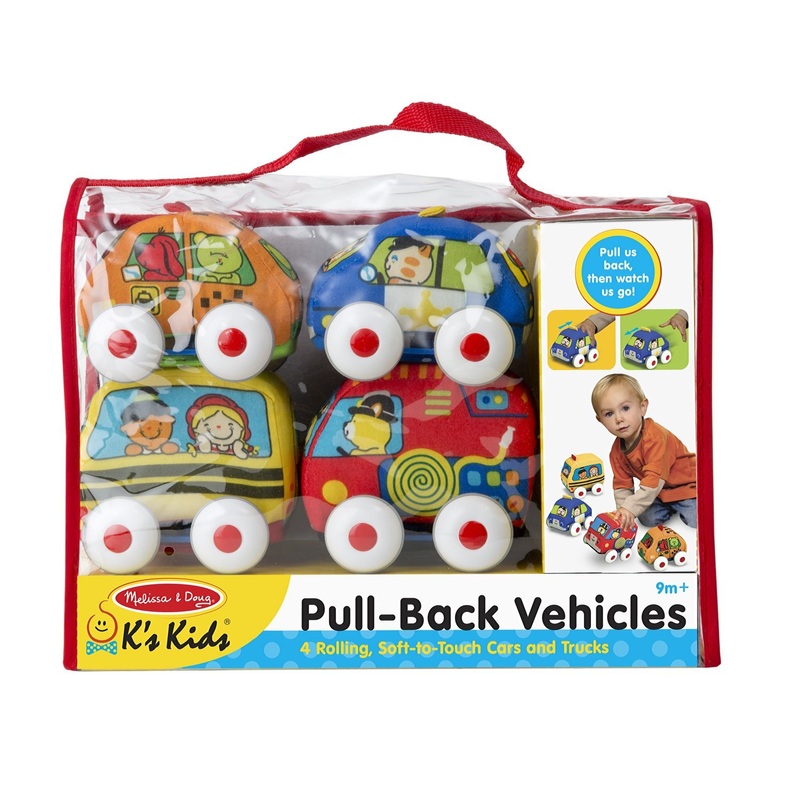 K's Kids Pull-Back Vehicle Set - Soft Baby Toy Set With 4 Cars and Trucks and Carrying Case